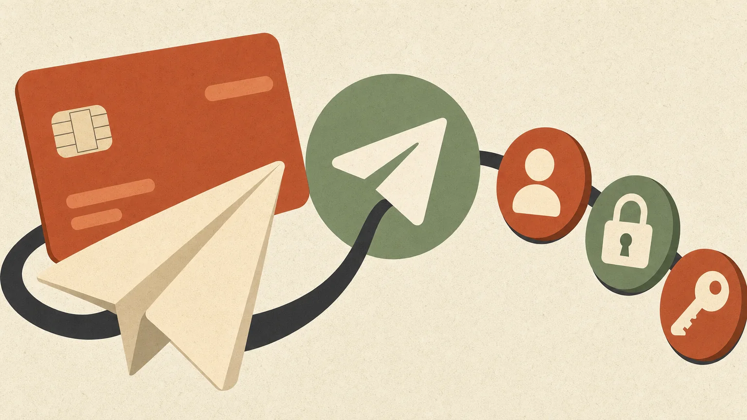 Editorial illustration of a card payment connecting through Telegram to member access